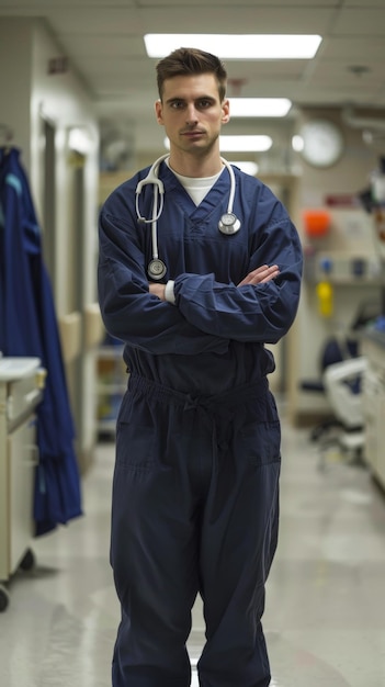 Profesional médico en uniforme en el pasillo del hospital