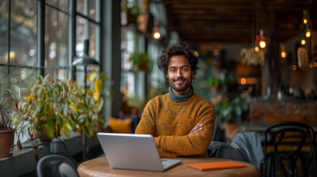 Profesional de negocios indio sonriendo a la cámara en un elegante café