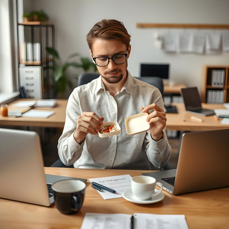 Profesional ocupado tomando suplementos vitamínicos durante el descanso del trabajo en un espacio de oficina moderno con una computadora portátil