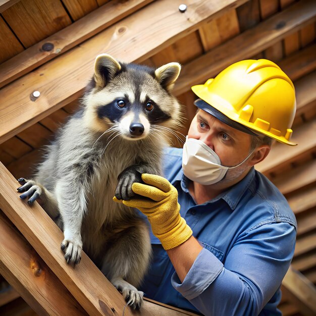 Un profesional quitando un mapaches de un ático