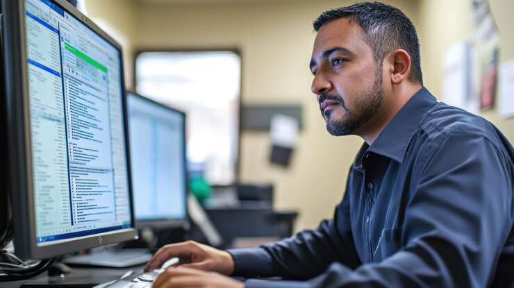 Foto profesional de recursos humanos que utiliza software para rastrear los datos de los empleados en una computadora