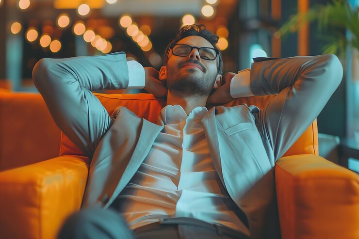 Un profesional relajado disfrutando de un momento de paz en un elegante salón