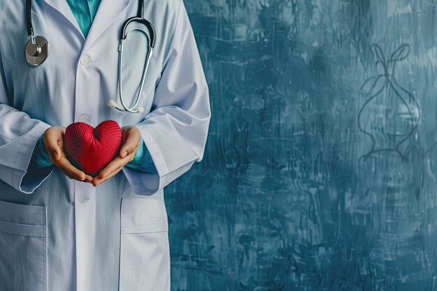 Foto un profesional de la salud en una bata de laboratorio sosteniendo un corazón rojo brillante con una línea de electrocardiograma que simboliza la atención cardíaca