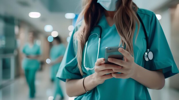 Profesional de la salud enfocado usando un teléfono inteligente en un bullicioso pasillo del hospital personal médico en el trabajo comunicación de atención médica moderna IA