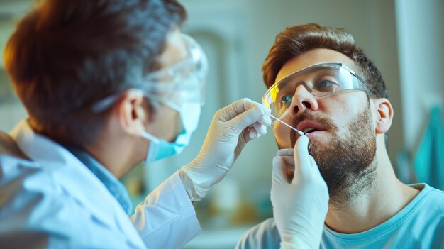 Profesional de la salud con equipo de protección tomando un hisopo nasal de un paciente para una prueba de COVID-19