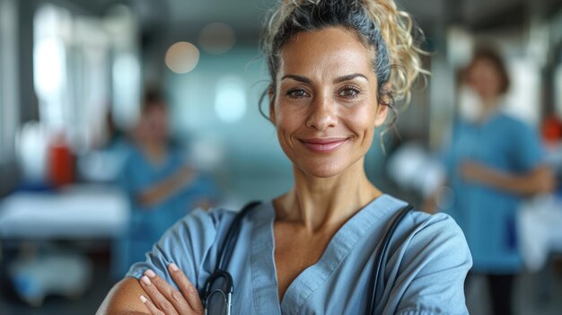 Foto profesional de la salud femenina confiada en el entorno del hospital posando con el equipo en el fondo