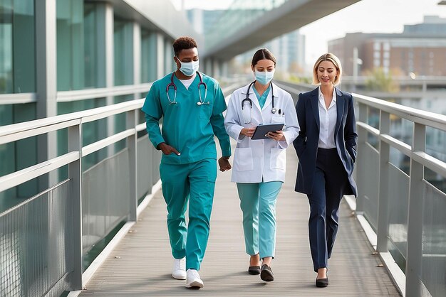 Profesional de la salud masculino y femenino caminando por el puente que conduce al hospital