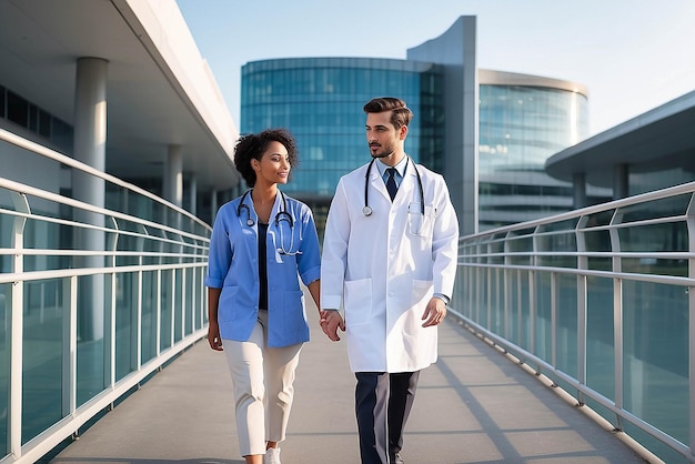 Profesional de la salud masculino y femenino caminando por el puente que conduce al hospital