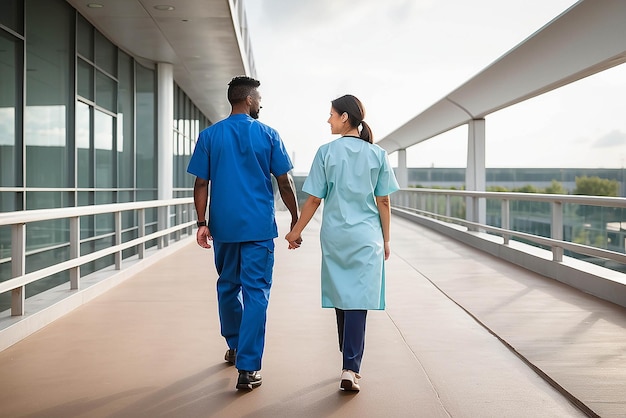 Profesional de la salud masculino y femenino caminando por el puente que conduce al hospital