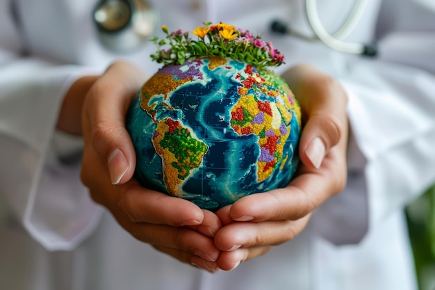 Foto profesional de la salud sosteniendo un globo decorado con flores que representan la salud global y