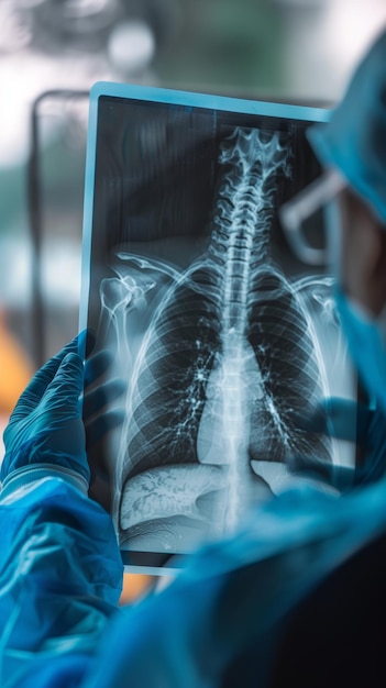 Profesional de la salud en trajes azules examina atentamente una radiografía de la columna vertebral que destaca el análisis médico y el diagnóstico