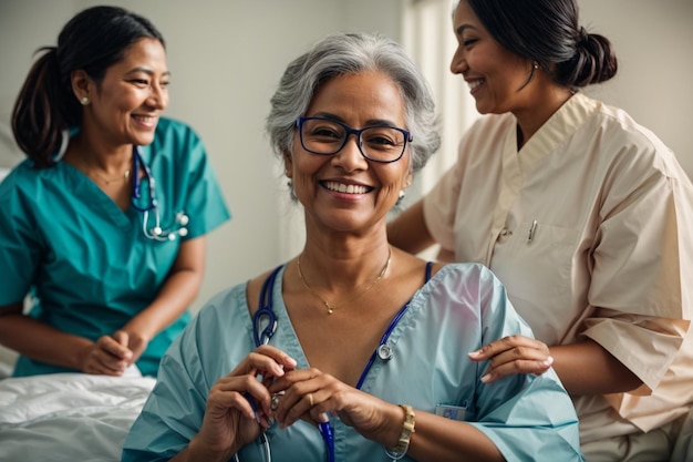 Profesional sanitario sonriente ayudando a pacientes mayores felices