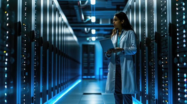 Foto profesional de ti enfocado usando una computadora portátil mientras está de pie en una sala de servidores con estantes de equipos de red iluminados por luces azules