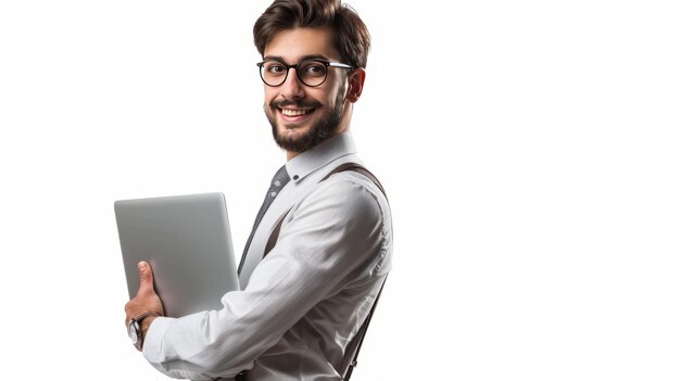 Foto profesional de ti vestido con ropa casual de negocios con una computadora portátil