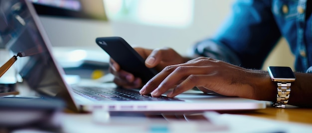 Profesional trabajando en una computadora portátil con un teléfono inteligente en la mano