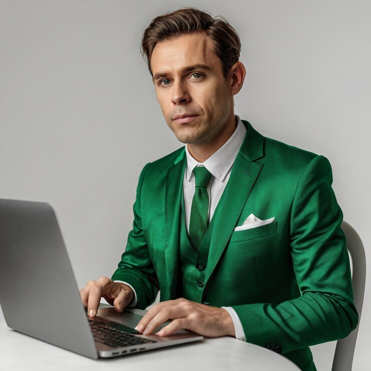 Un profesional en un traje verde vibrante trabajando en una computadora portátil con enfoque y creatividad