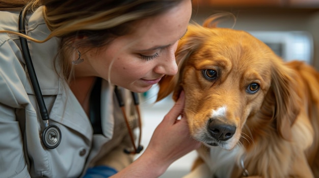 Profesional veterinario consolando a un perro de jengibre durante un chequeo