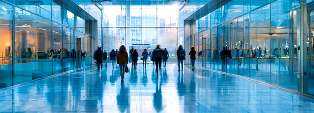 Profesionales corporativos paseando por los pasillos de las oficinas en una transición sin problemas entre las secciones del edificio