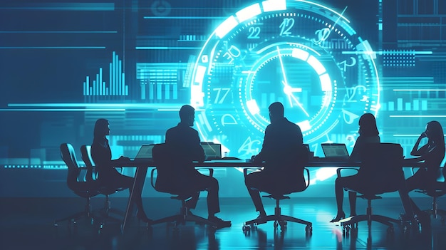 Profesionales corporativos que elaboran estrategias en torno a la mesa de conferencias con reloj