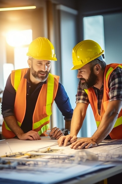 Profesionales de equipos de ingenieros capataz de carga con cascos trabajando con planos y herramientas de construcción en la mesa en el sitio de construcción