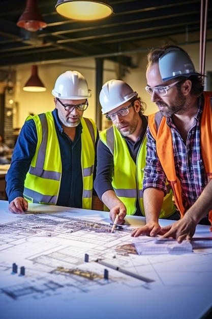 Foto profesionales de equipos de ingenieros capataz de carga con cascos trabajando con planos y herramientas de construcción en la mesa en el sitio de construcción