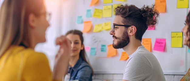 Los profesionales generan ideas colaborando y usando coloridas notas adhesivas en la pared de la oficina