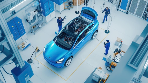 Profesionales en una instalación moderna analizando un vehículo eléctrico abierto
