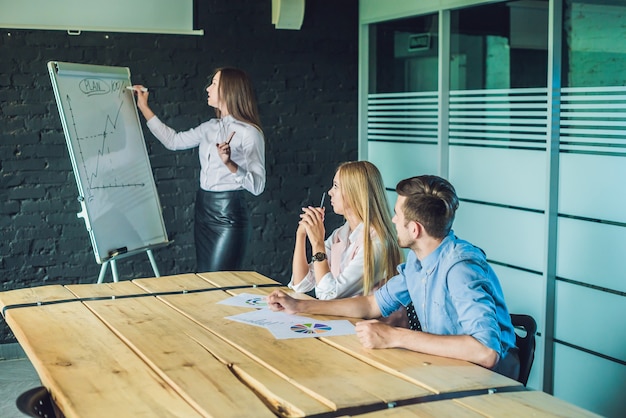 Profesionales jóvenes y atractivos con formación empresarial en la oficina