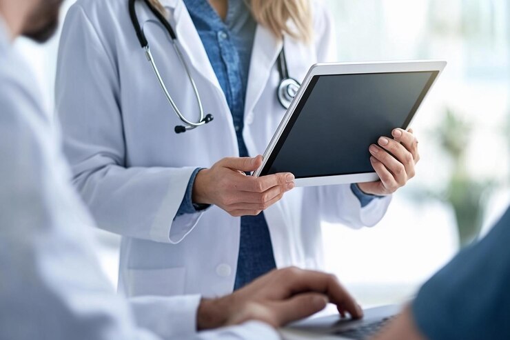 Profesionales médicos en discusión mientras revisan los datos del paciente en una tableta en una atención médica moderna