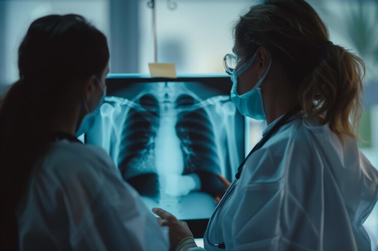 profesionales médicos examinando una radiografía de tórax juntos en un hospital