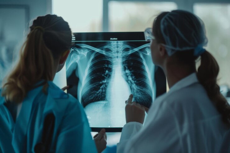 profesionales médicos examinando una radiografía de tórax juntos en un hospital