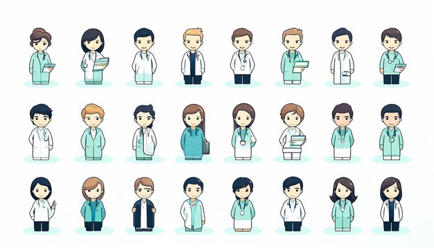 profesionales médicos ilustraciones de personajes azul y verde tema fondo blanco