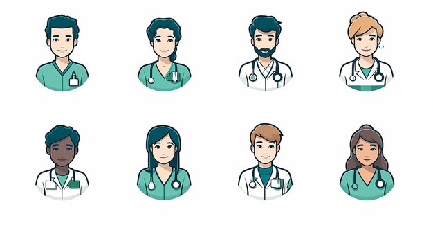 profesionales médicos ilustraciones de personajes azul y verde tema fondo blanco