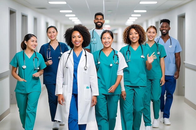 Foto profesionales médicos multiculturales alegres en el pasillo del hospital ia generativa