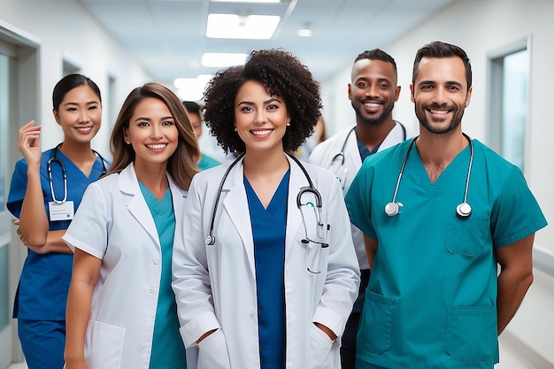 Profesionales médicos multiculturales alegres en el pasillo del hospital IA generativa