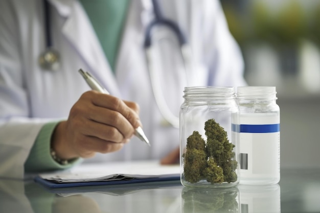 Foto profesionales médicos que evalúan la marihuana recetada en un entorno clínico