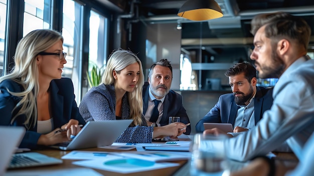 Foto profesionales de negocios confiados que tienen una reunión en la oficina y discuten ideas y estrategias