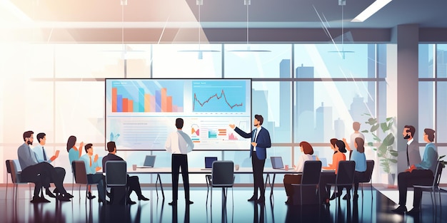 Profesionales de negocios participando en una presentación de informe de ventas o análisis financiero en un entorno de oficina mostrando sus habilidades de liderazgo y enseñanza de coaching IA generativa