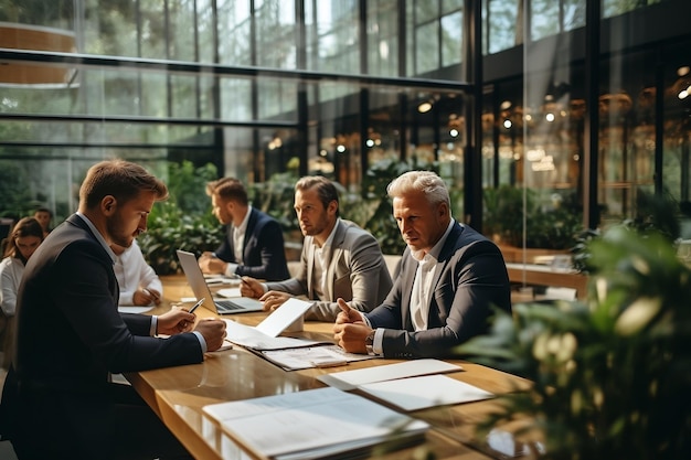 Profesionales de negocios relajados participan en un nuevo proyecto en la IA generativa del lugar de trabajo moderno