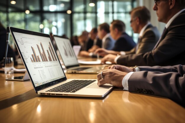 Profesionales de negocios en una reunión discutiendo datos financieros y gráficos en computadoras portátiles