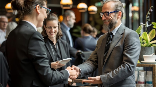 Profesionales de negocios con trajes elegantes estrechando la mano en un café listos para discutir asociaciones durante el desayuno