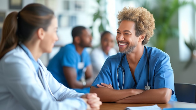 Los profesionales de la salud se relajan con una animada discusión que fomenta un ambiente de trabajo positivo