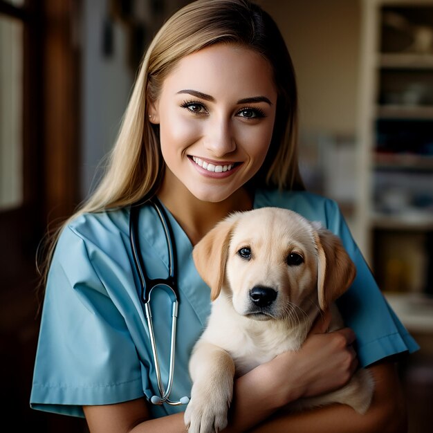 Foto profesionales de la salud veterinaria que tienen un animal lindo