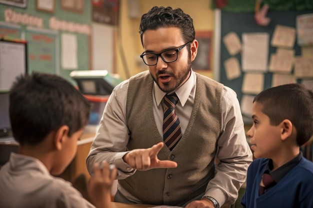 Un profesor con un alumno en un aula.