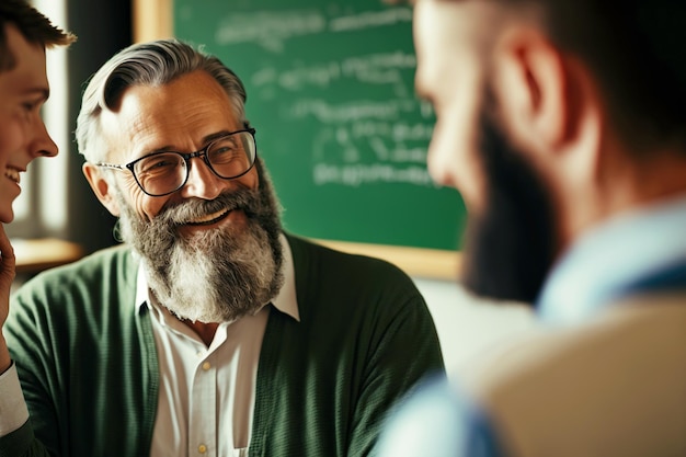 Foto profesor anciano enseñando con gafas y barba se ríe con los estudiantes juntos