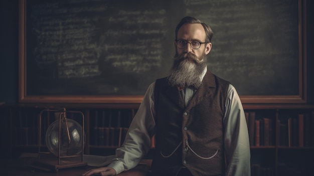 Foto profesor de aprendizaje en el aula explicando conceptos cerca de blackboard