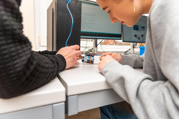 Foto profesor ayudando a su estudiante adolescente con un robot diy en la clase de educación del tallo estudiante después de la clase de codificación de computadoras construyendo y aprendiendo a programar un vehículo robóticoarduino instalación ultrasónica