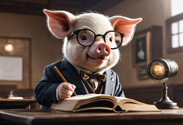 Profesor cerdo con gafas en el aula IA generativa