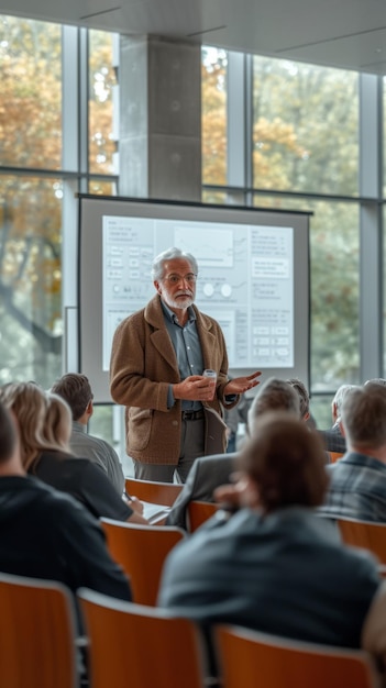 Profesor dando una conferencia a un grupo de estudiantes en un aula de la universidad