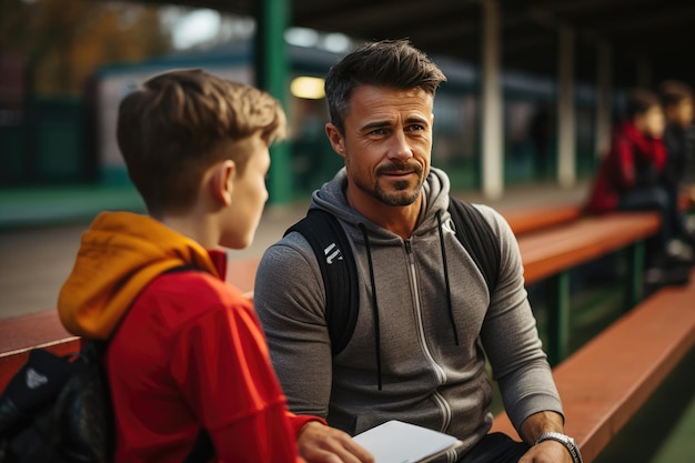 Foto profesor de educación física hablando con su alumno después del horario escolar